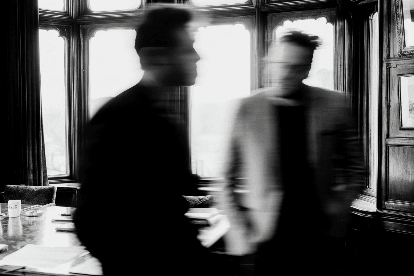 The image features a large, blank billboard mounted on a concrete wall, with two blurred figures walking past it.