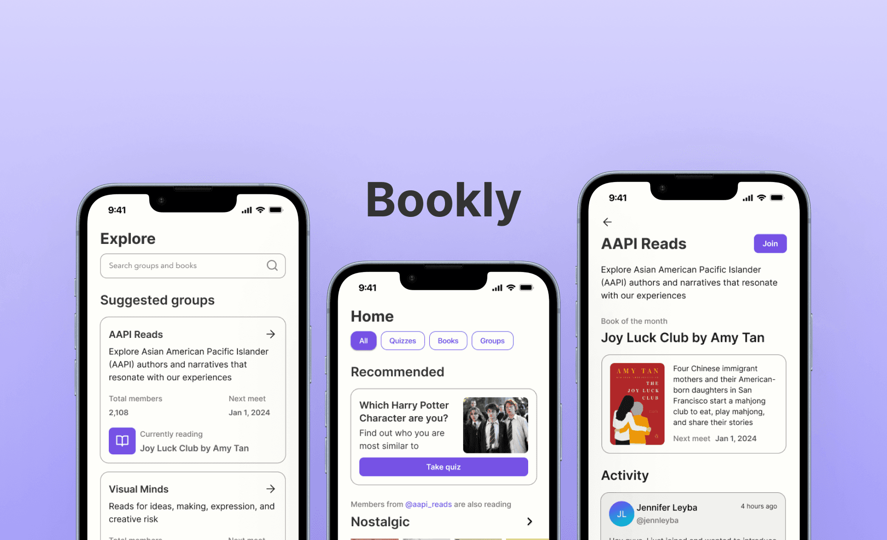 Mobile screens of Bookly's home and quiz page