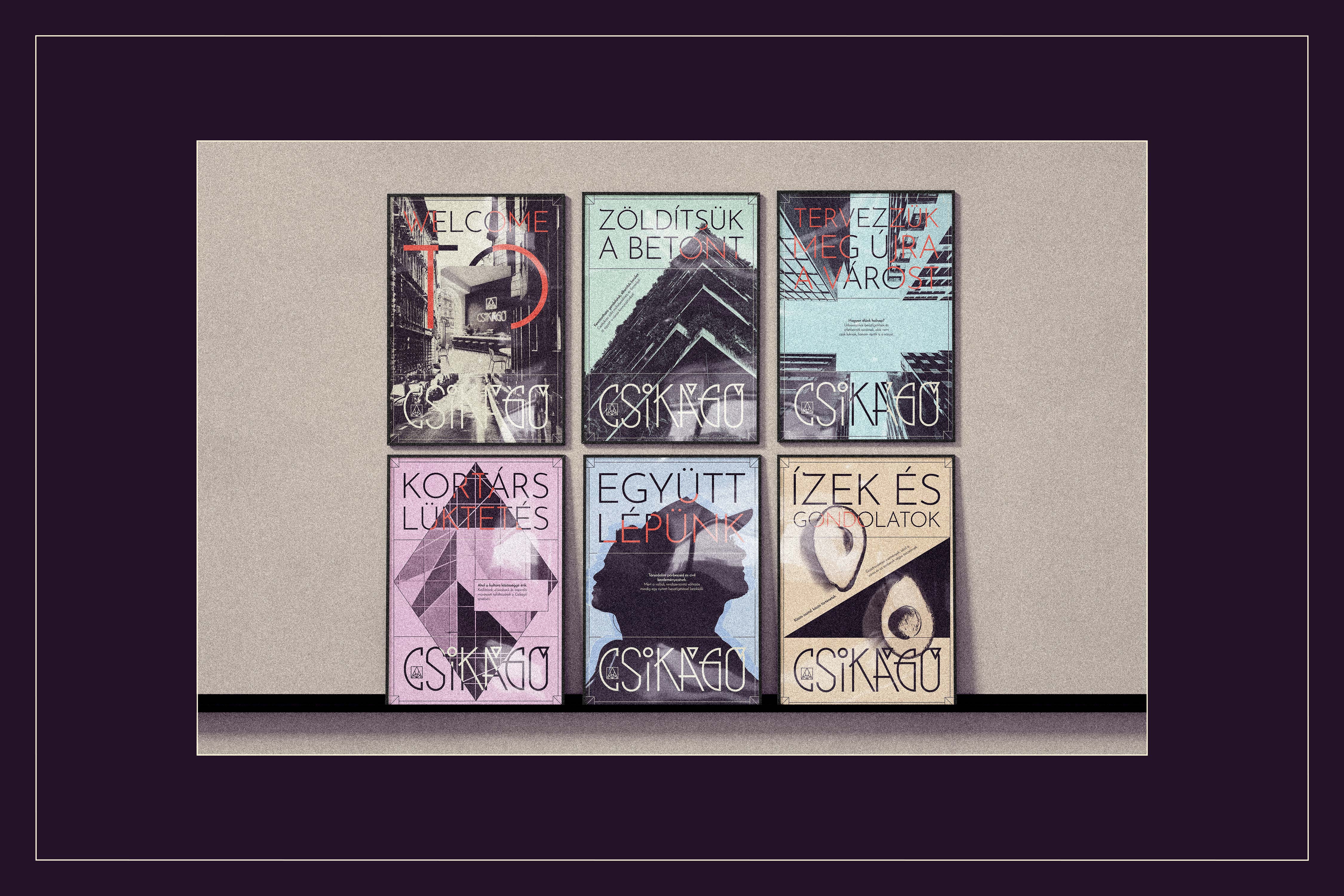 Collection of all six thematic brand posters displayed in dark purple frames on a light grey wall - Csikágó, a community space brand identity.