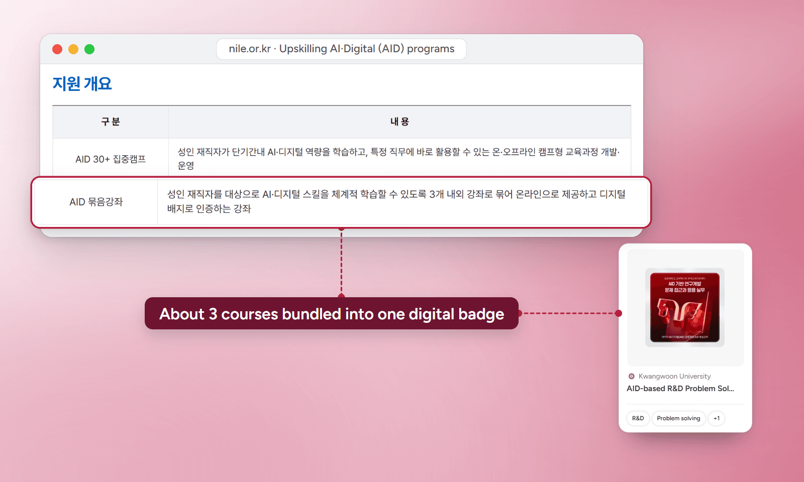 NILE's overview table of the AI·Digital (AID) intensive program for working adults: an AID bundle course groups about three courses and certifies them with a digital badge