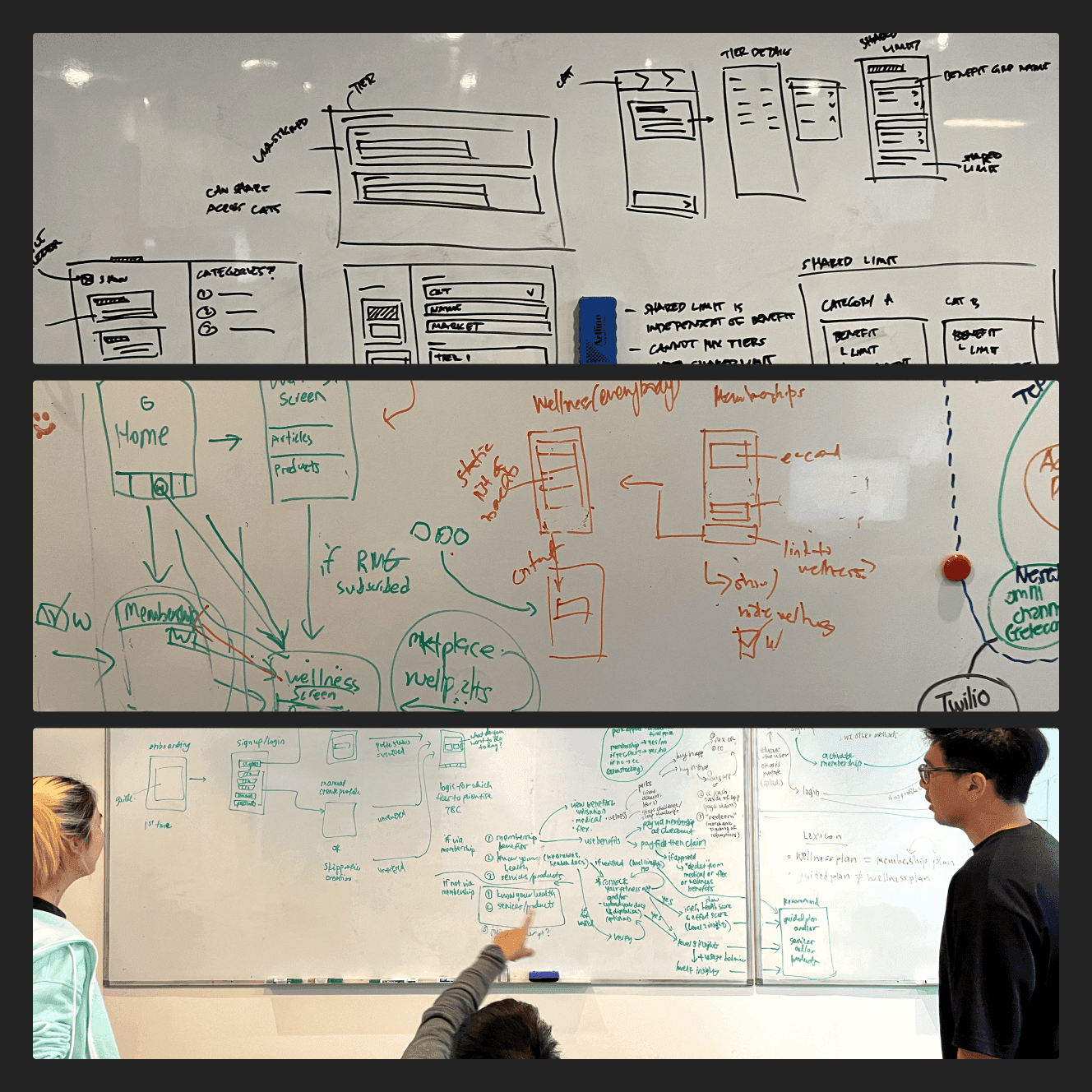 Displays early-stage sketches and wireframes for different sections of the healthcare benefits app including membership landing pages and benefit details.