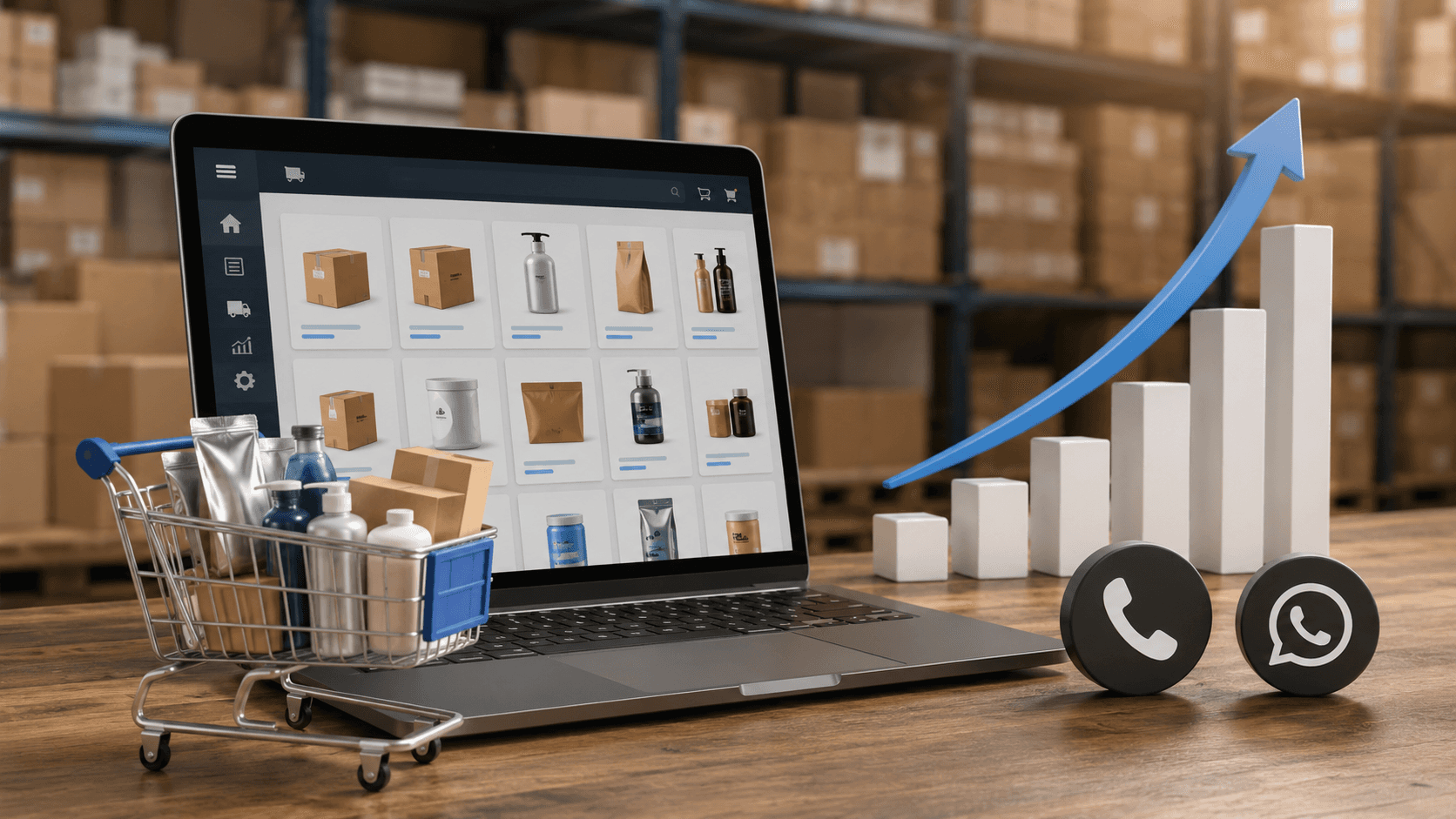 Renderização 3D realista de um notebook exibindo um portal B2B com catálogo de produtos em um ambiente de estoque moderno. Ao lado do computador há um carrinho de compras com produtos e um gráfico crescente indicando aumento no volume de pedidos. Ícones de telefone e WhatsApp aparecem discretamente em segundo plano, reforçando a comparação entre canais tradicionais e autoatendimento digital. Ambiente corporativo limpo, iluminação suave e composição horizontal em formato 16:9.
