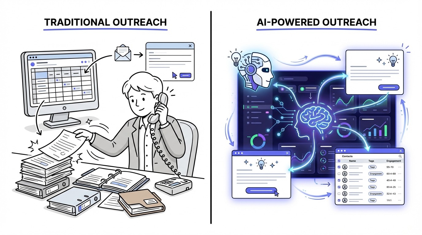 A split comparison diagram. On the left, 'Traditional Outreach' shows a person sifting through papers, using a landline phone, and manually typing. On the right, 'AI-Powered Outreach' shows a sleek AI dashboard with glowing data visualizations, an AI assistant generating messages, and flowing data streams, representing automation and efficiency.