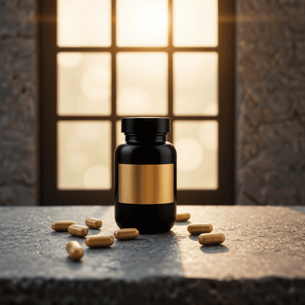 product photography of a bottle of dietary supplement capsules