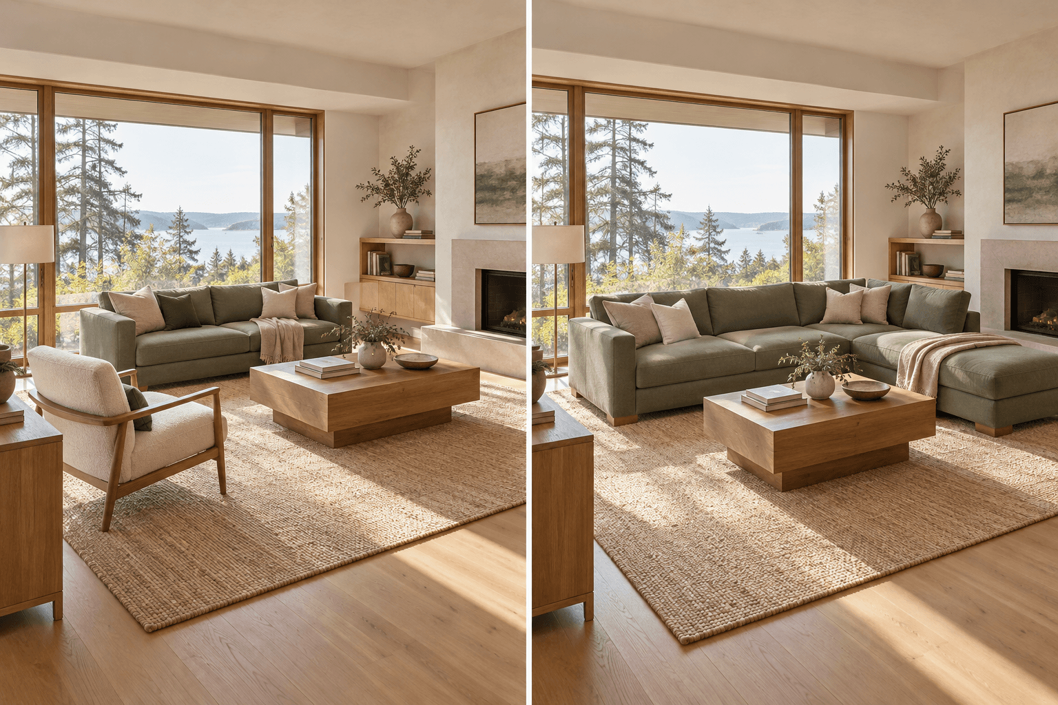 Illustration comparing a compact sofa and a sectional in the same living room