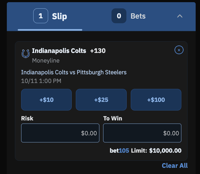 Bet105 bet slip showing the max bet limit