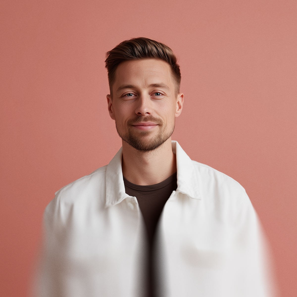 Team member portrait on coral background