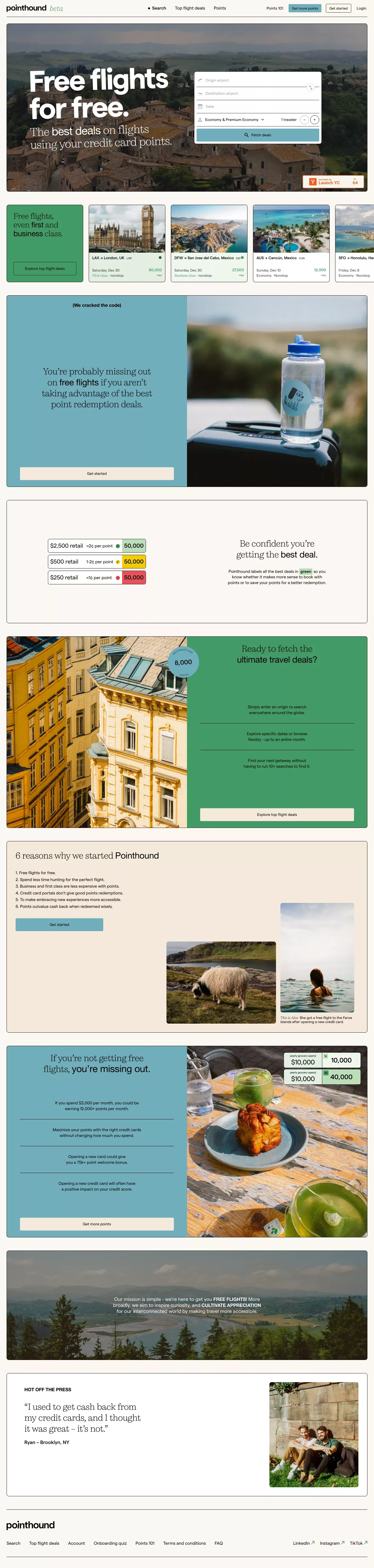 Pointhound landing page screenshot showcasing Travel and Finance design