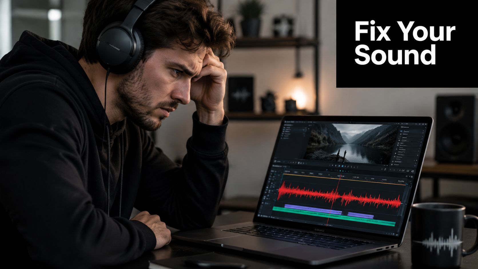 A focused man wearing headphones works on audio editing for a video on his laptop screen.