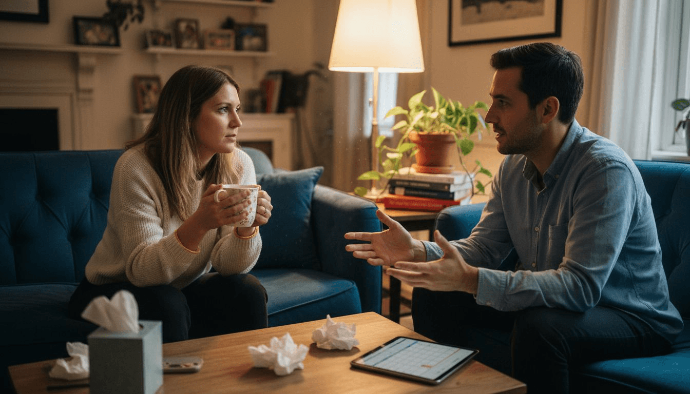 Couple discussing openly on home couch