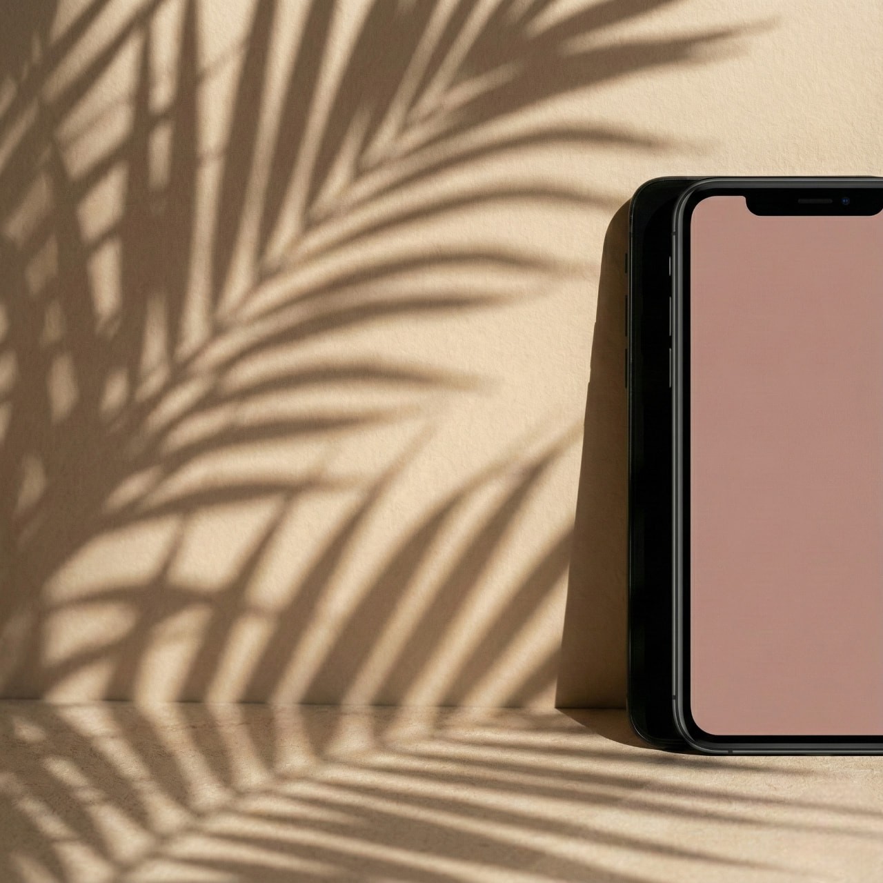 A smartphone stands upright on a beige surface, casting a shadow. Palm leaf shadows are also visible, creating a tranquil, tropical atmosphere.