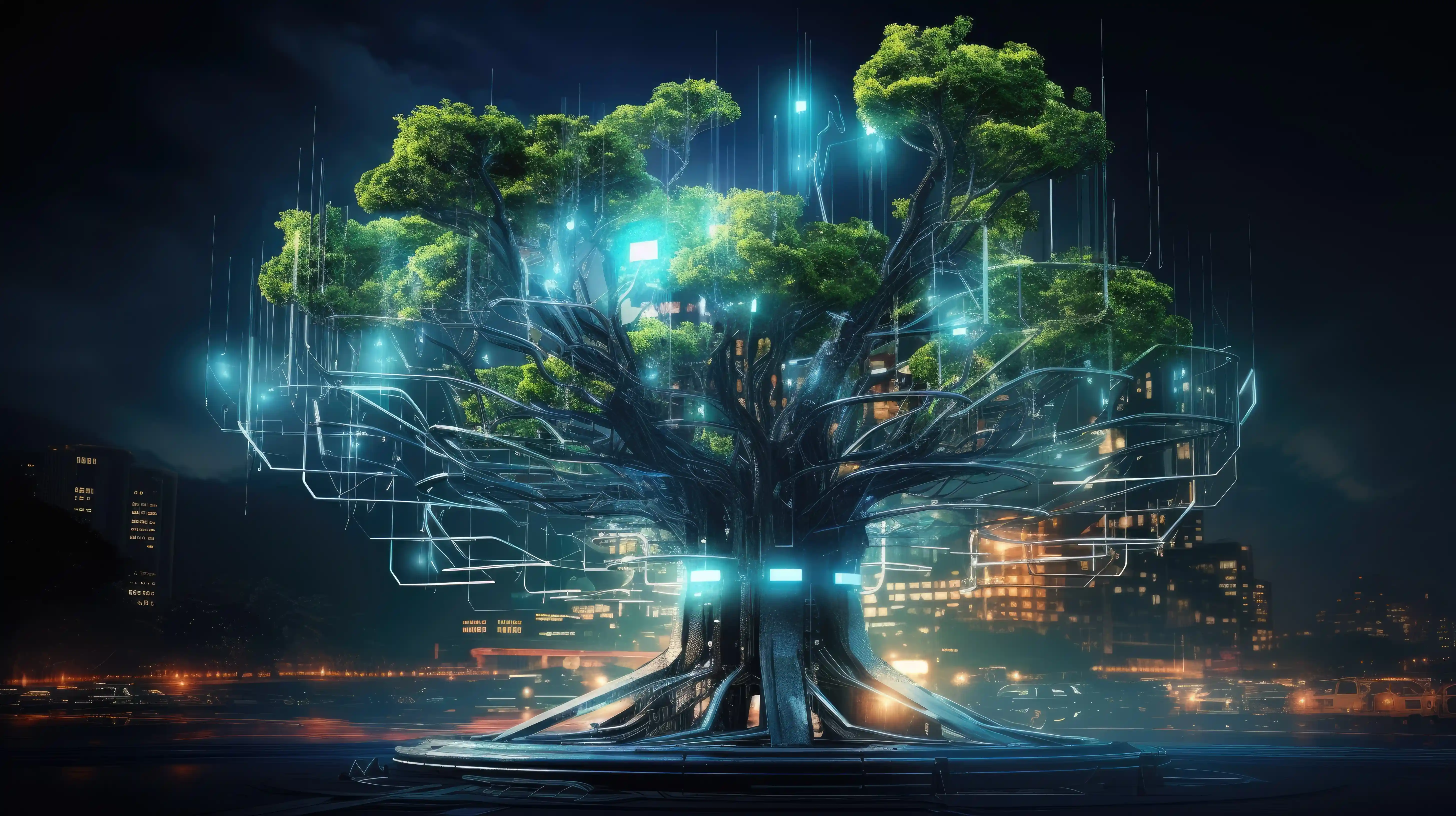 Futuristic glowing tree with digital circuits integrated into its branches, set in a city at night.