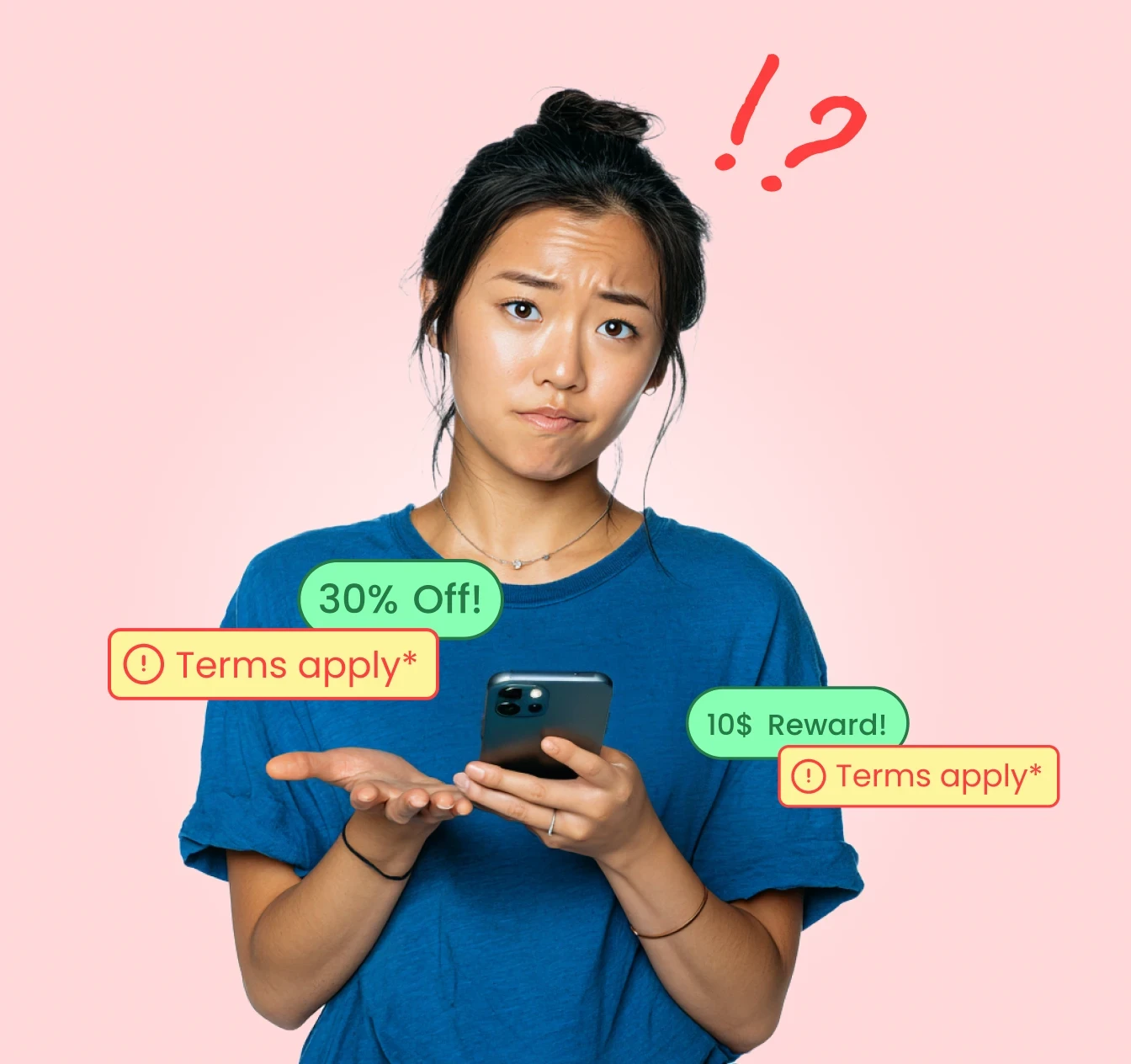 A woman looks confused while reading her phone as unclear reward messages like “10$ Reward!” and “Terms apply*” appear around her.