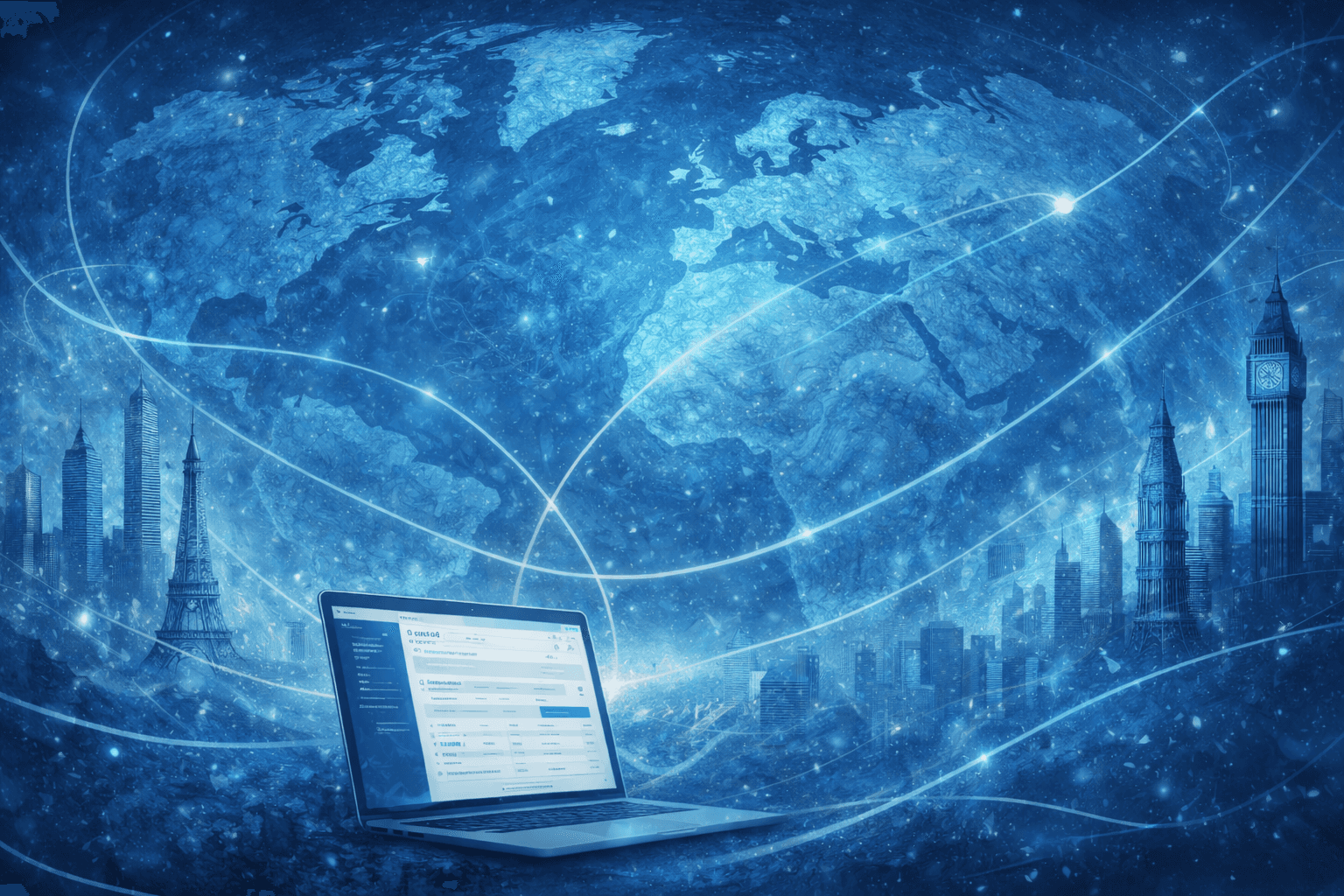 Abstract illustration of international ecommerce strategy showing global digital trade, connected markets, and multi-country online growth