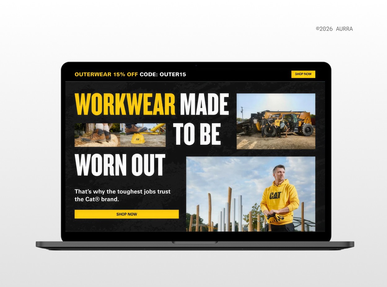 Caterpillar page pairing yellow with black, the dark partner that makes yellow legible enough to carry a full brand identity