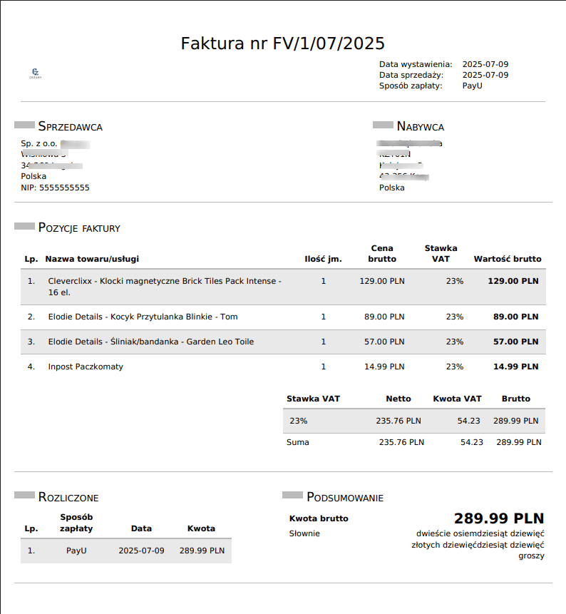 Przykładowy wygląd faktury z Apilo z rozmieszczeniem elementów