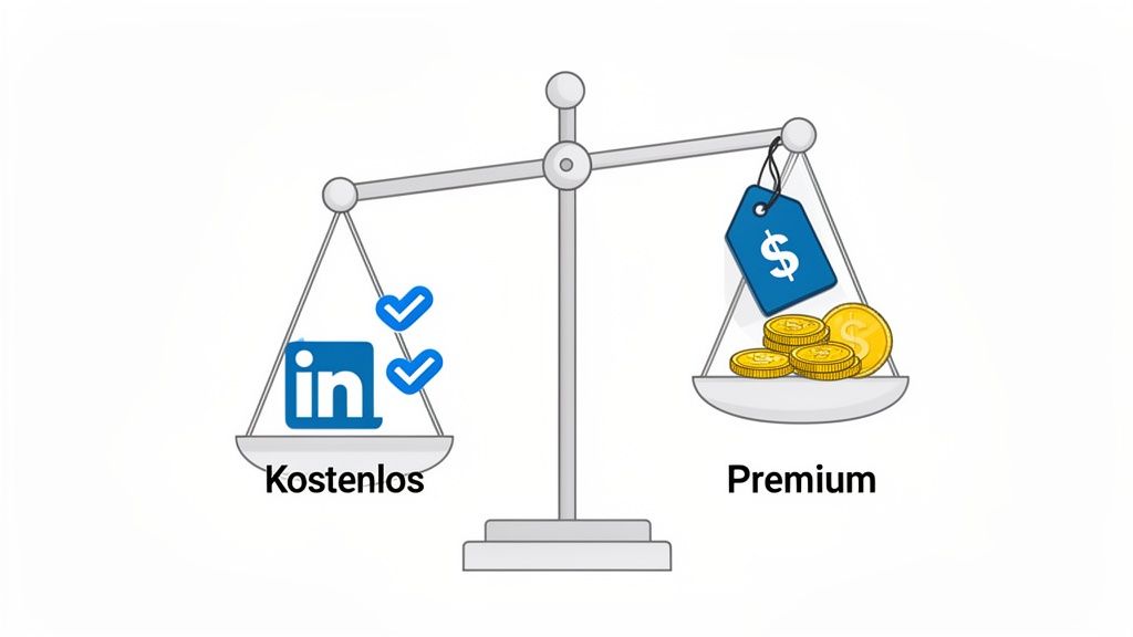 Eine Waage zeigt den Vergleich zwischen kostenlosem LinkedIn (mit Haken) und Premium (mit Dollarzeichen und Münzen).