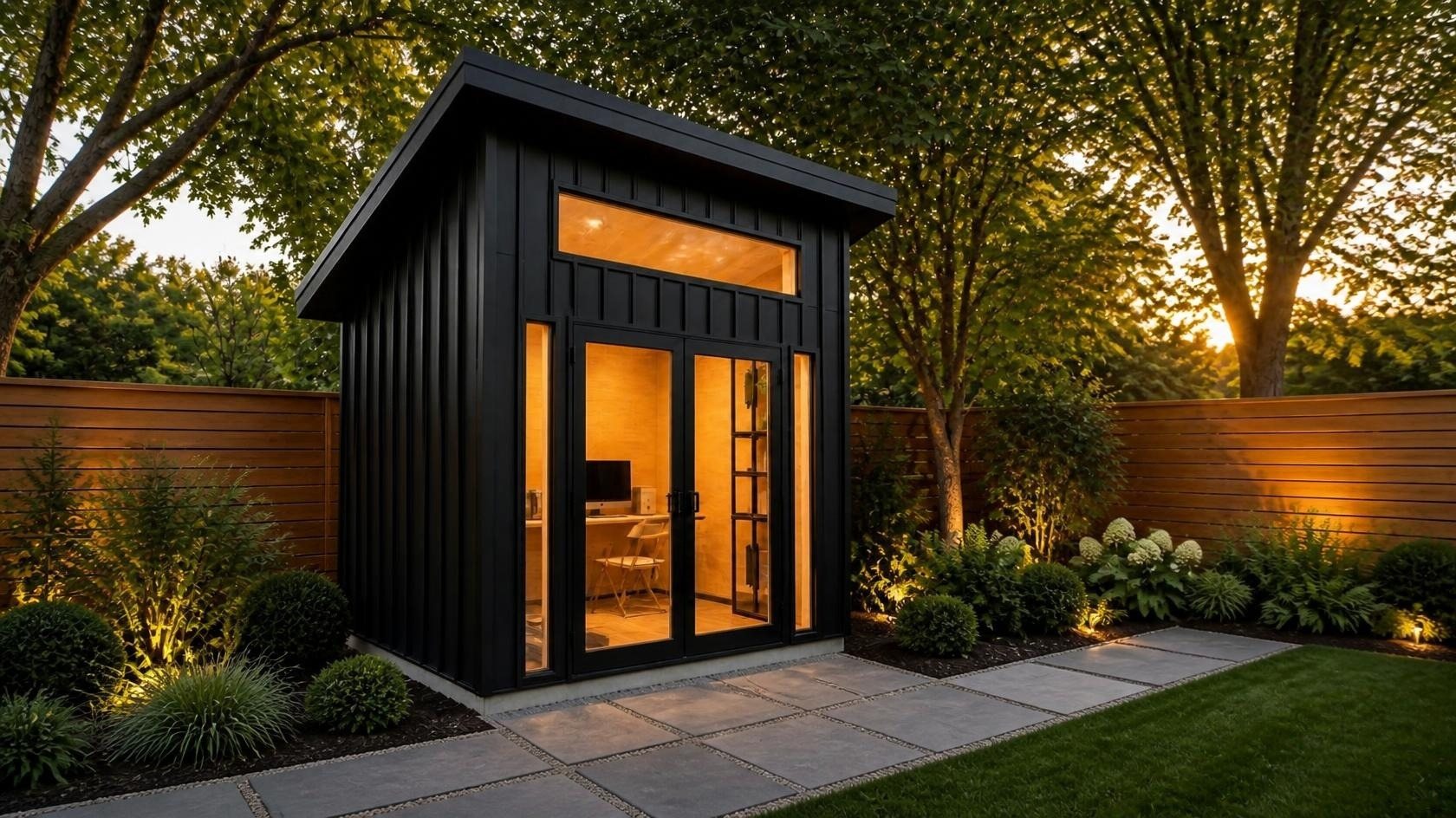 Artist's rendering of the JPD design style: a small black board-and-batten backyard studio with a shed roof, a long clerestory window and glass double doors, glowing at golden hour in a landscaped city garden with a cedar slat fence, mature trees and a stone path