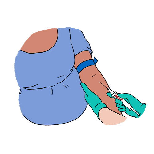 An illustration of blood being drawn. The arm is outstretched with a band wrapped around it, just above the elbow crease. A medical practioner supports the elbow while the other hand guides the needle into the elbow crease