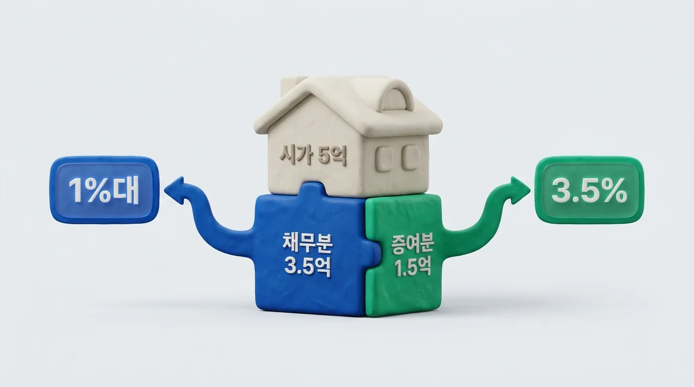 부담부증여 취득세 구조: 시가 5억이 채무분 3.5억(1%대)과 증여분 1.5억(3.5%)으로 나뉘는 도해