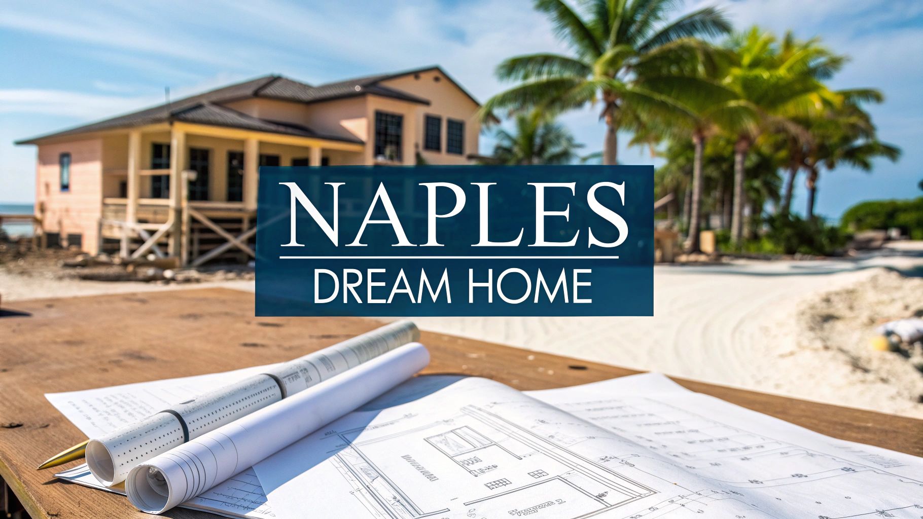 a large home under construction behind a blue text box reading 'naples dream home'