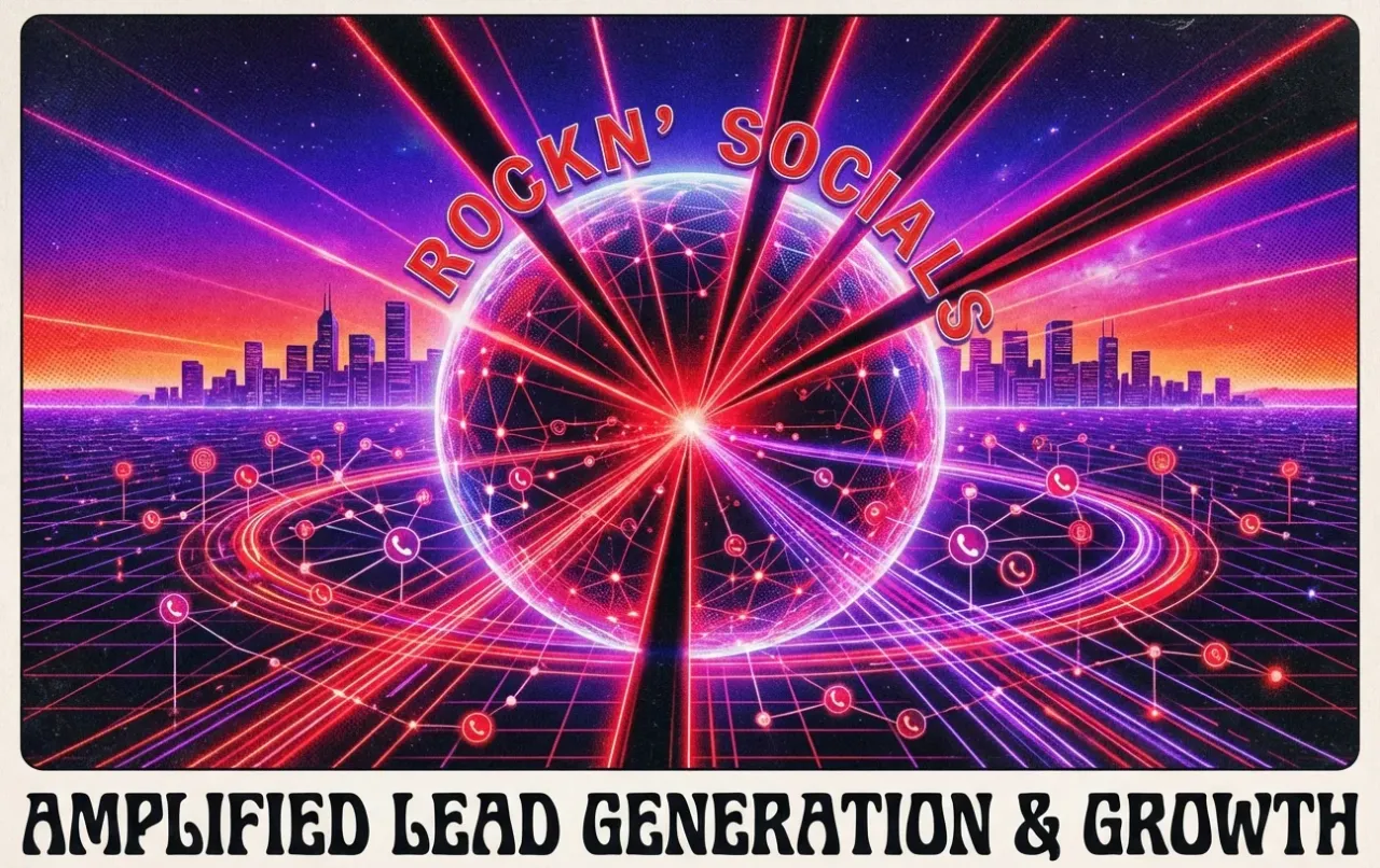 RockN' Socials digital marketing agency globe with cityscape and networks.