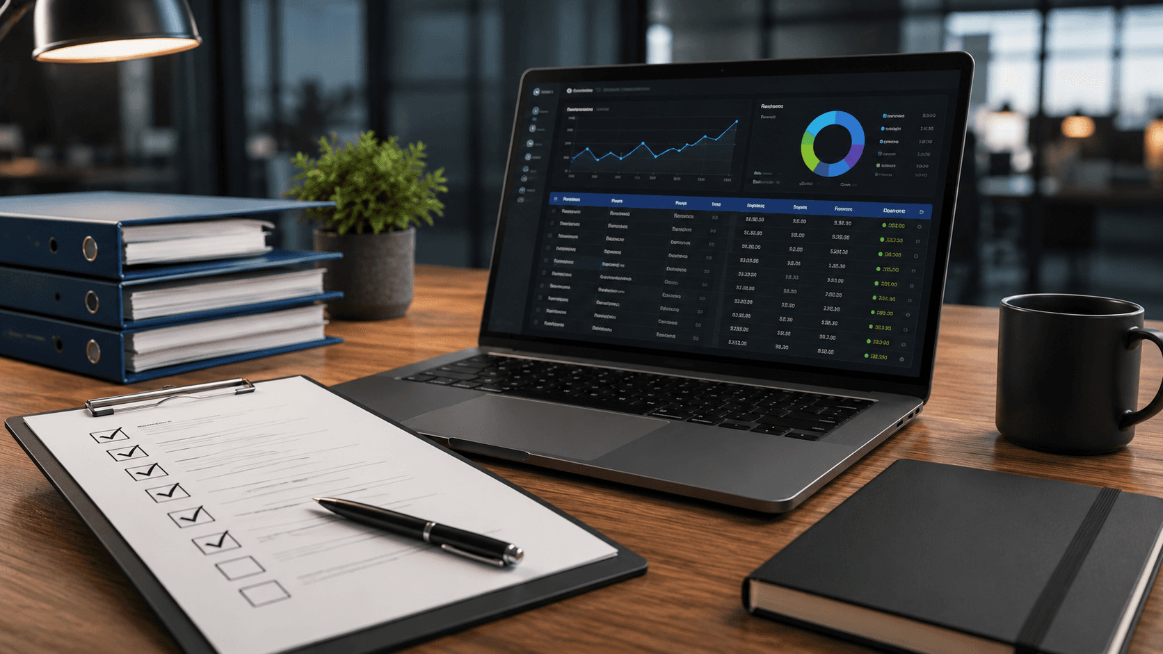 Mesa de escritório moderna em ambiente corporativo, com notebook exibindo dashboard escuro de gestão B2B, prancheta com checklist marcado, pastas organizadas, caderno, caneca e planta decorativa. Cena em estilo realista 3D, iluminação suave e ambiente profissional, transmitindo análise de plataforma, integração e organização operacional.
