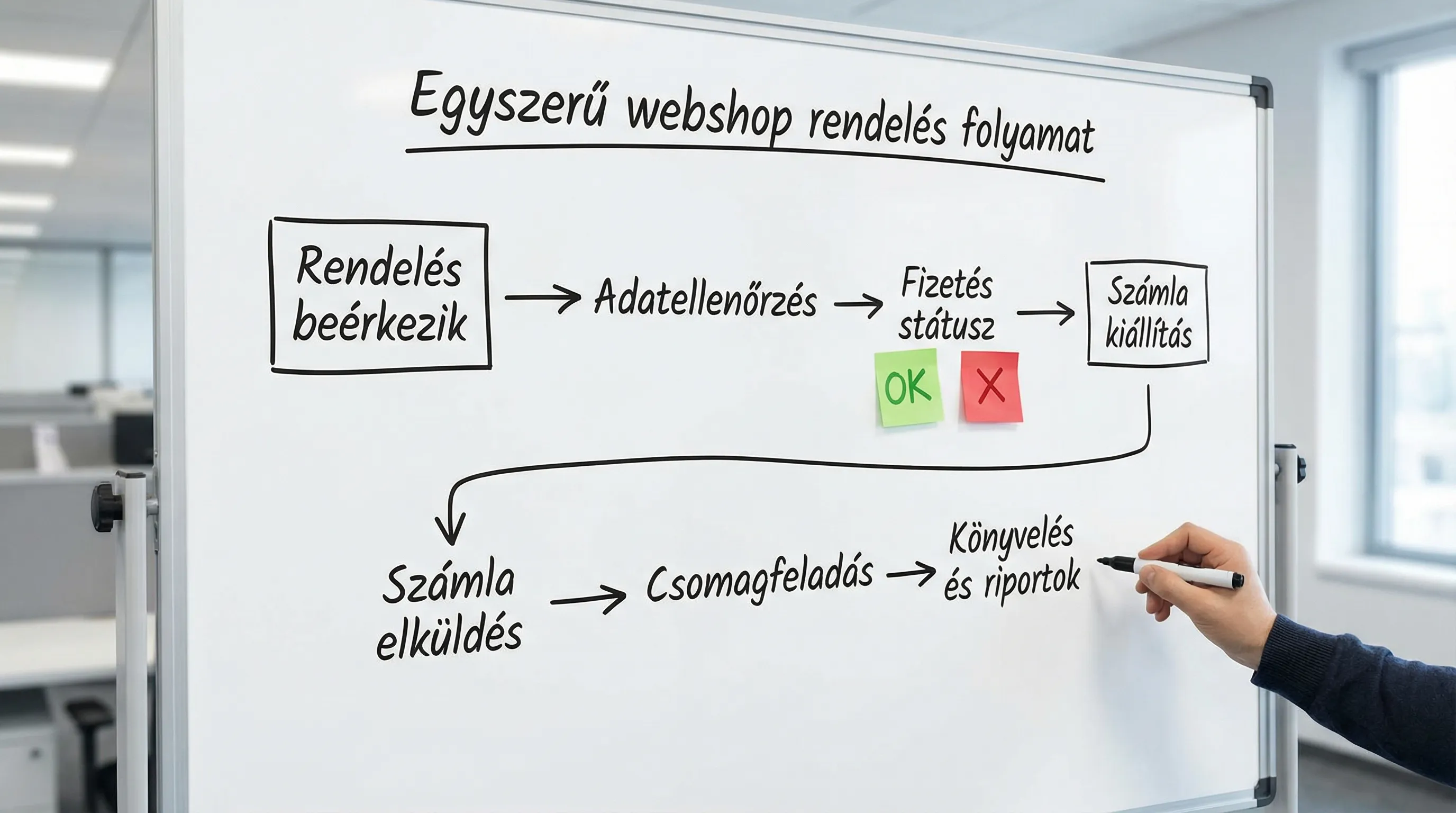 Egyszerű folyamatábra egy webshop rendelés feldolgozásáról: rendelés beérkezik, adatellenőrzés, fizetés státusz, számla kiállítás, számla elküldés, csomagfeladás, könyvelés és riportok.