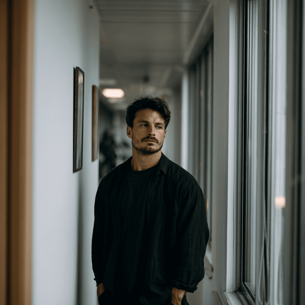 A man standing alone in a hallway, still absorbed in an earlier conversation