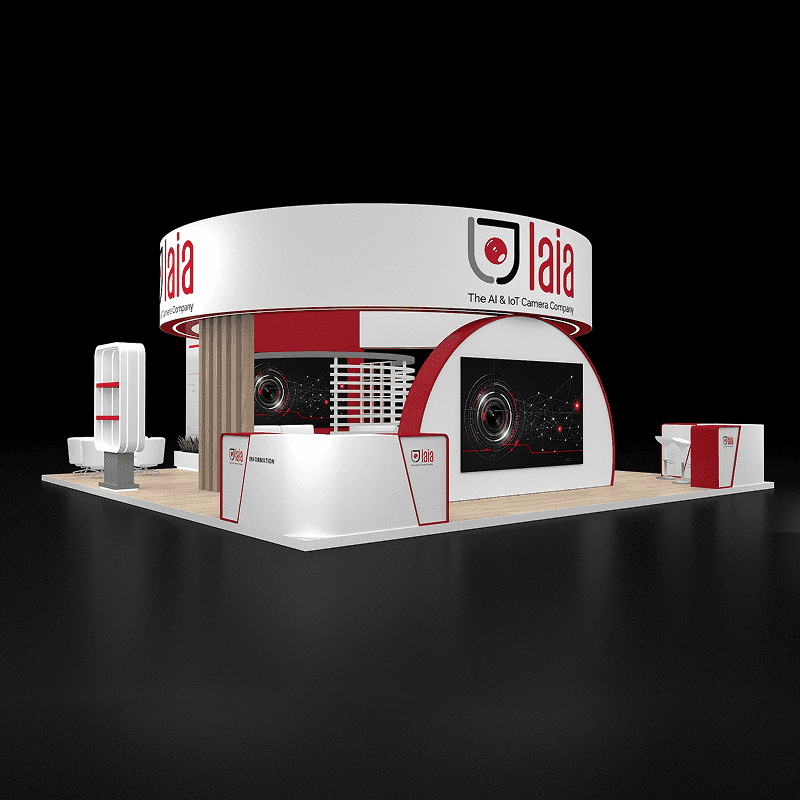 30x30 AI technology booth rental with circular overhead branding and digital demo screens