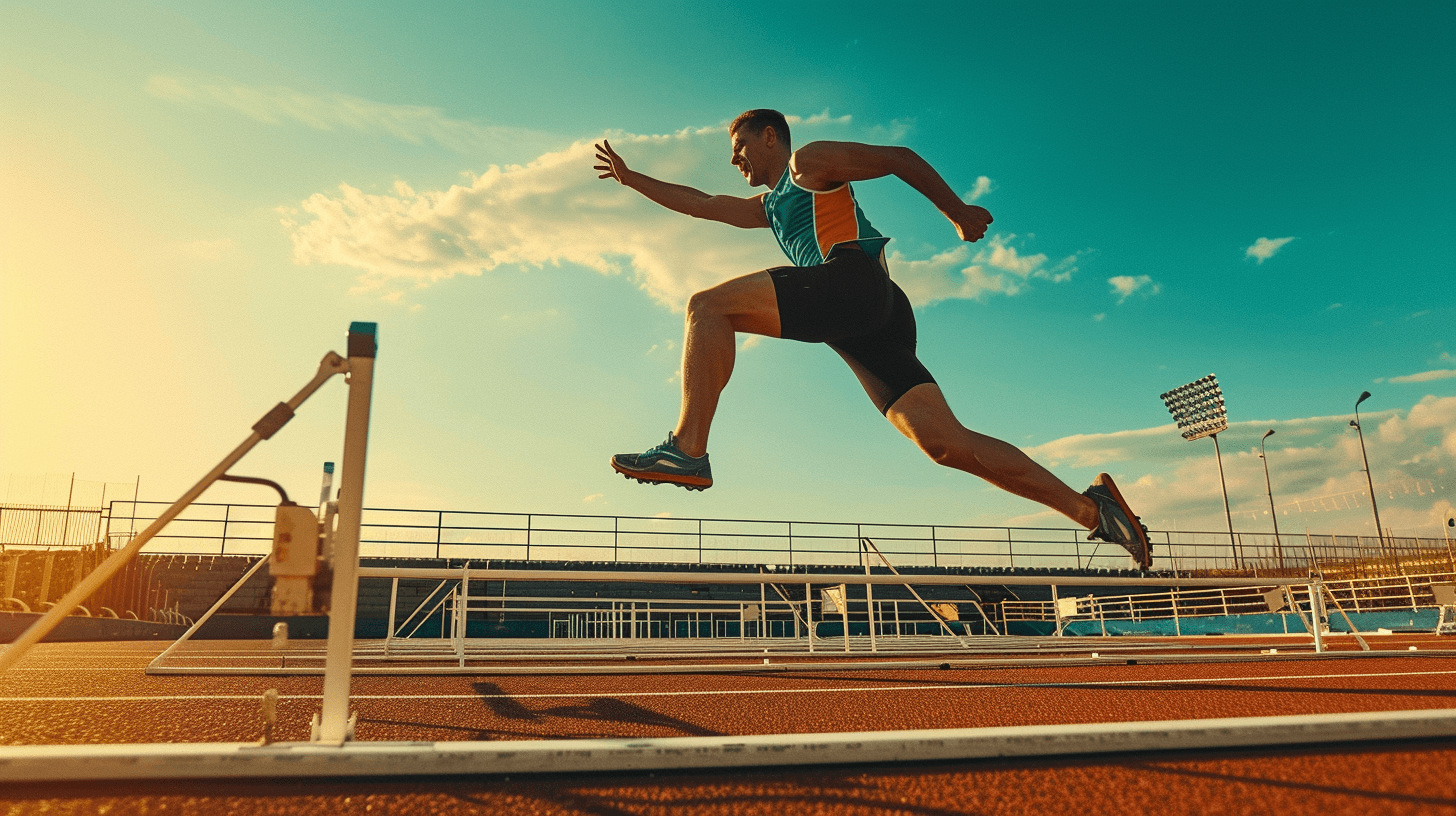 Athlete jumping over hurdles on a racetrack