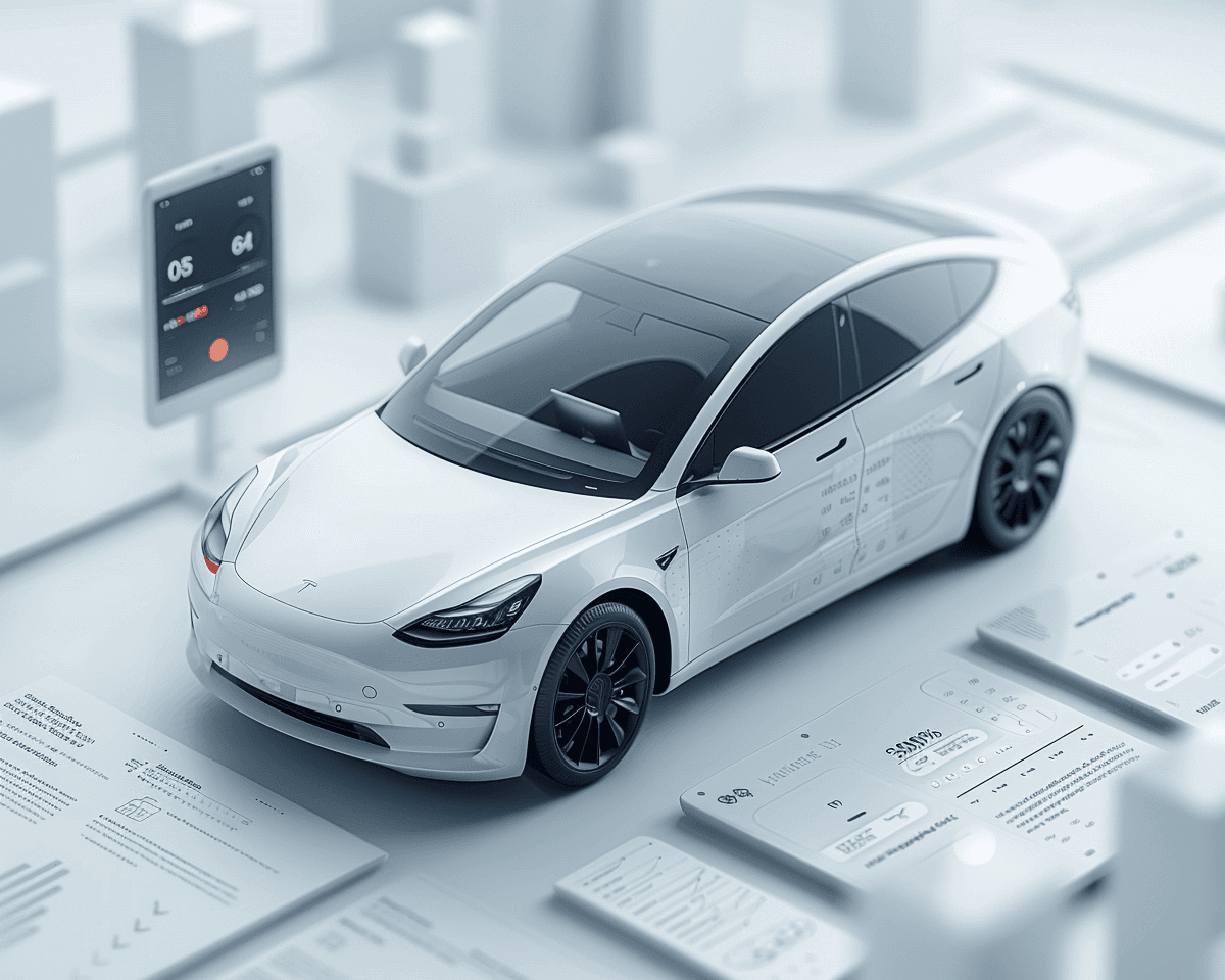 Modern electric car with digital data visualizations, highlighting the integration of smart technology and data-driven solutions in advancing electric mobility and vehicle performance