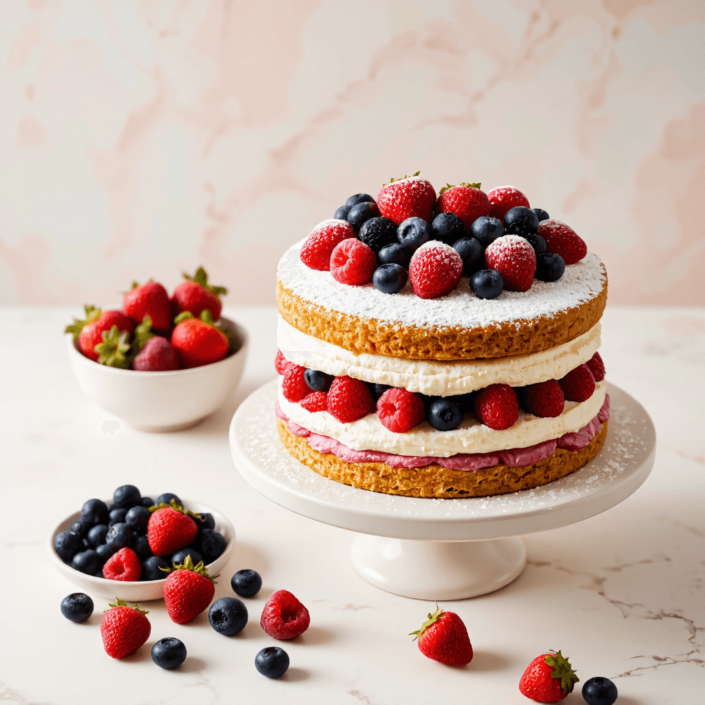 product photography of a layered cake with fresh berries
