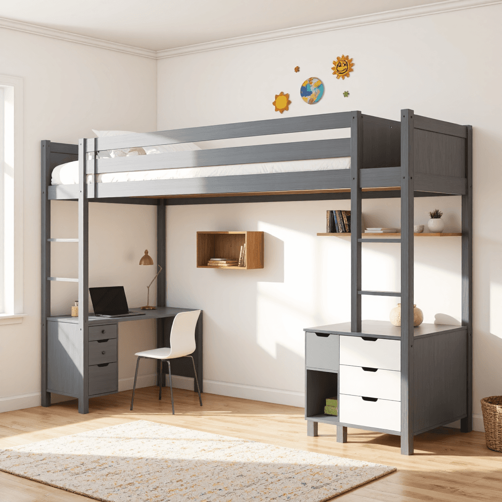 product photography of a loft bed with integrated storage and a desk