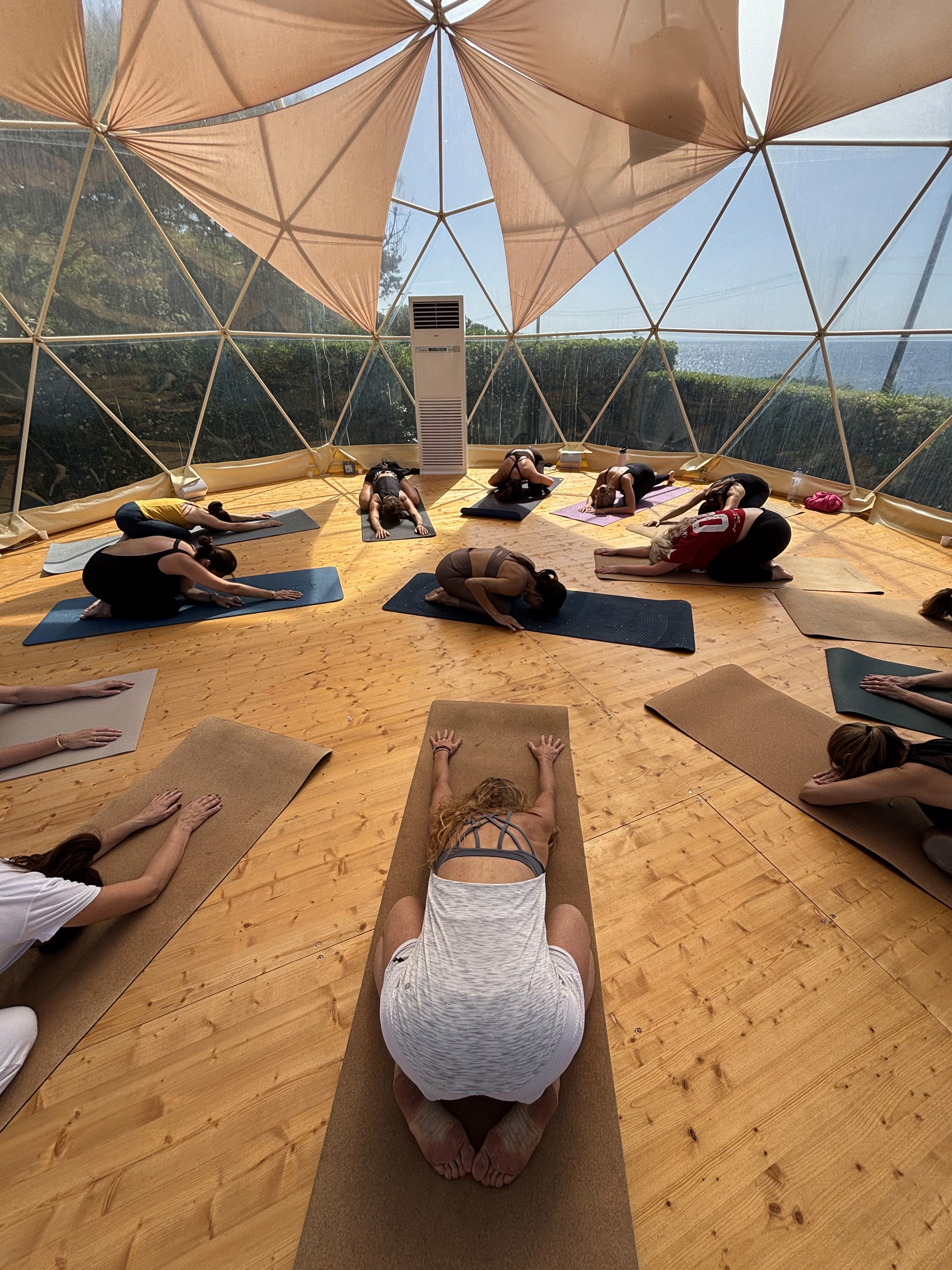 Release and Rise group in child’s pose inside a sunlit dome