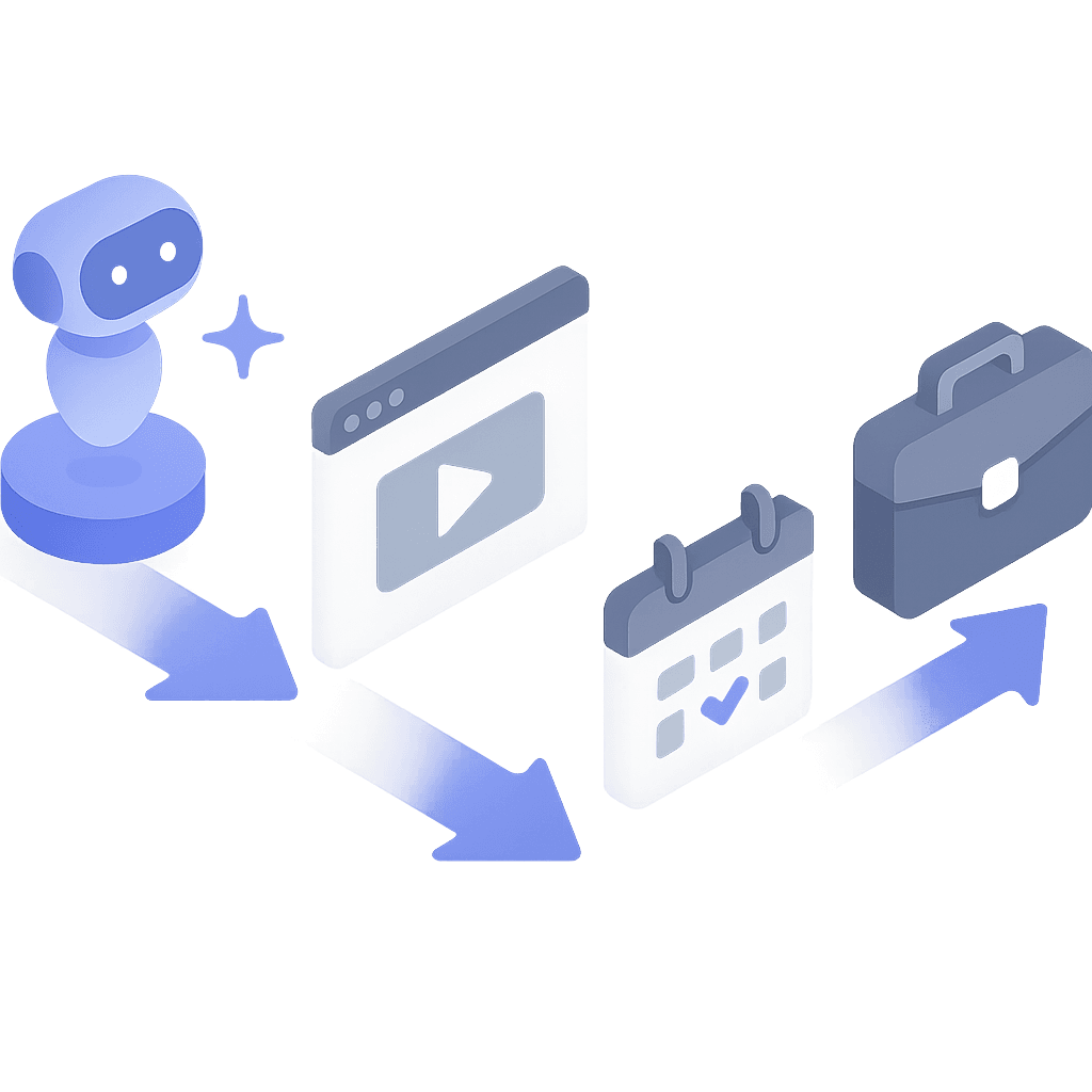 Funnel diagram showing steps from AI citation to interactive demo and qualified pipeline