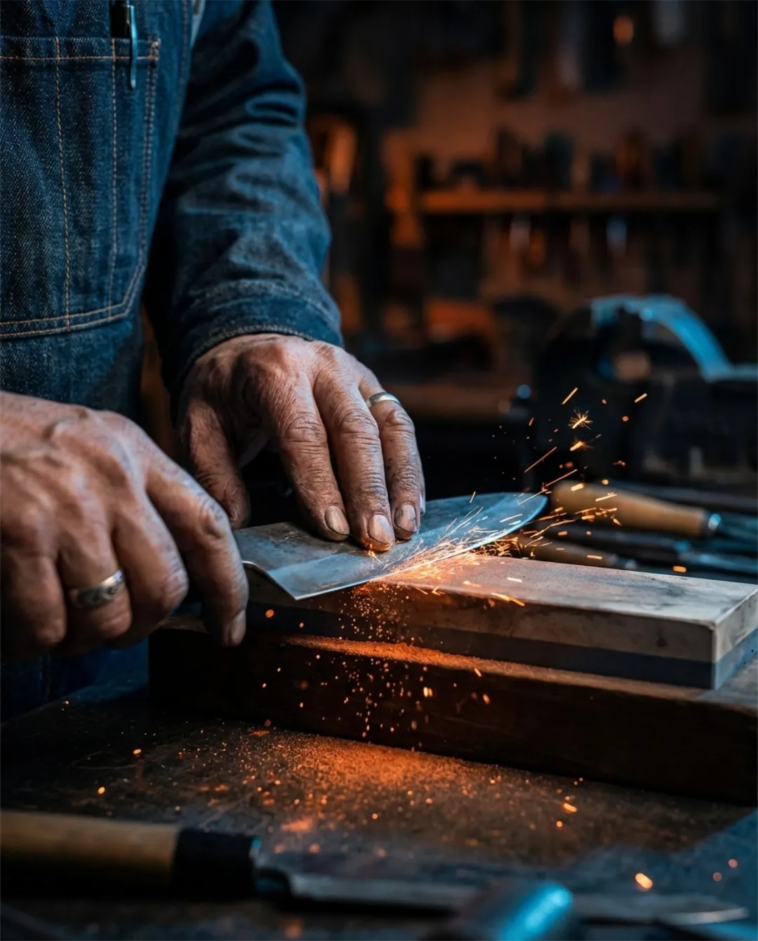 AI photography close-up of hands sharpening knife on whetstone, water and metal texture, cinematic directional light