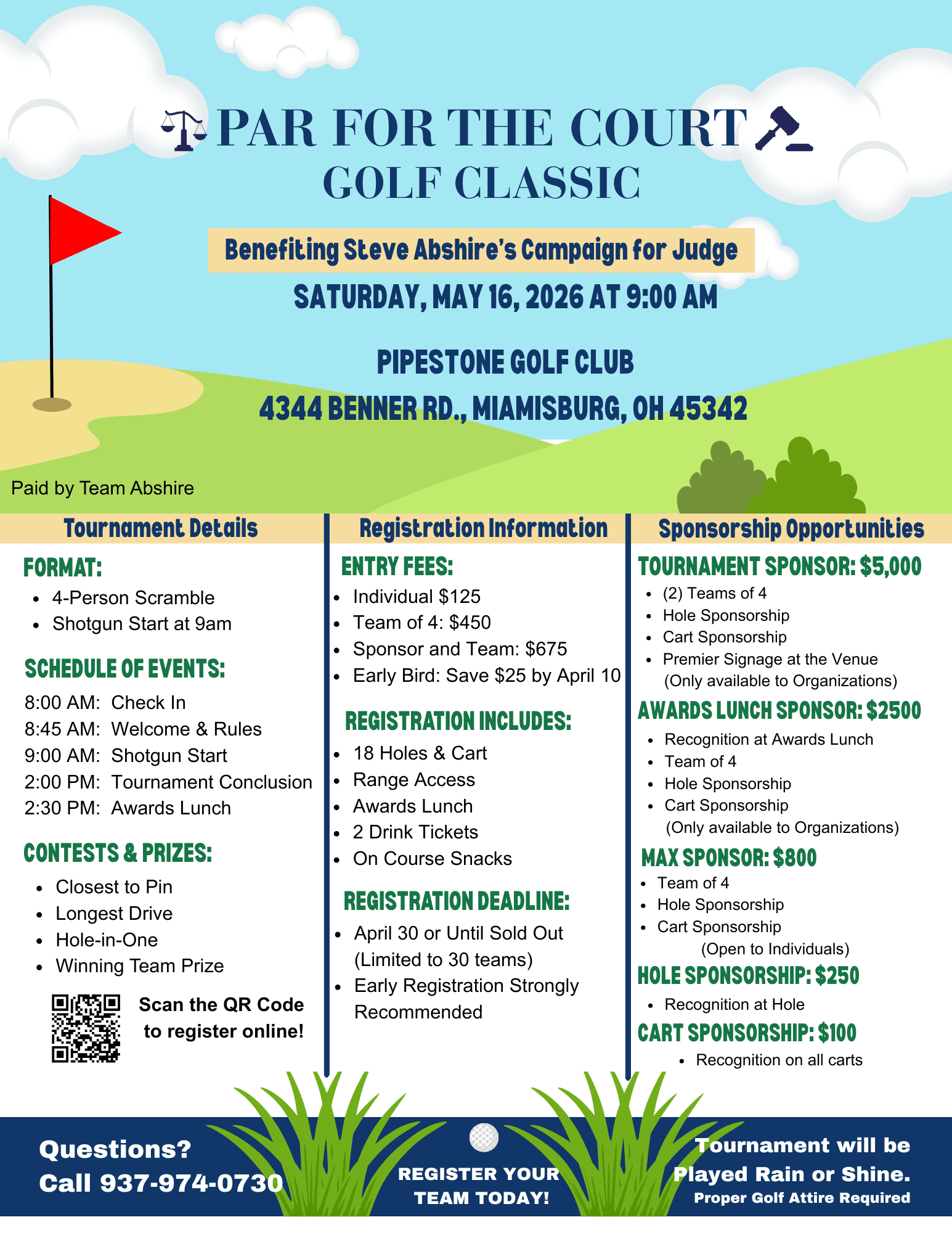 Campaign kickoff party flyer for Steve Abshire, Thursday March 12 2026 at 5:30pm at Kramers in Dayton Ohio