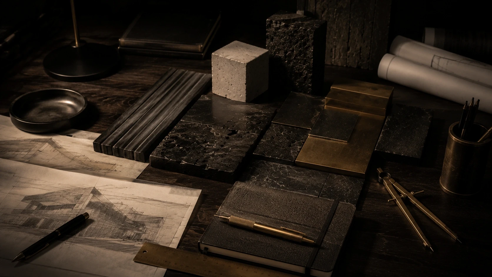 Architect's workspace with travertine samples, concrete textures, brass drafting tools, and architectural sketches arranged on a premium desk.