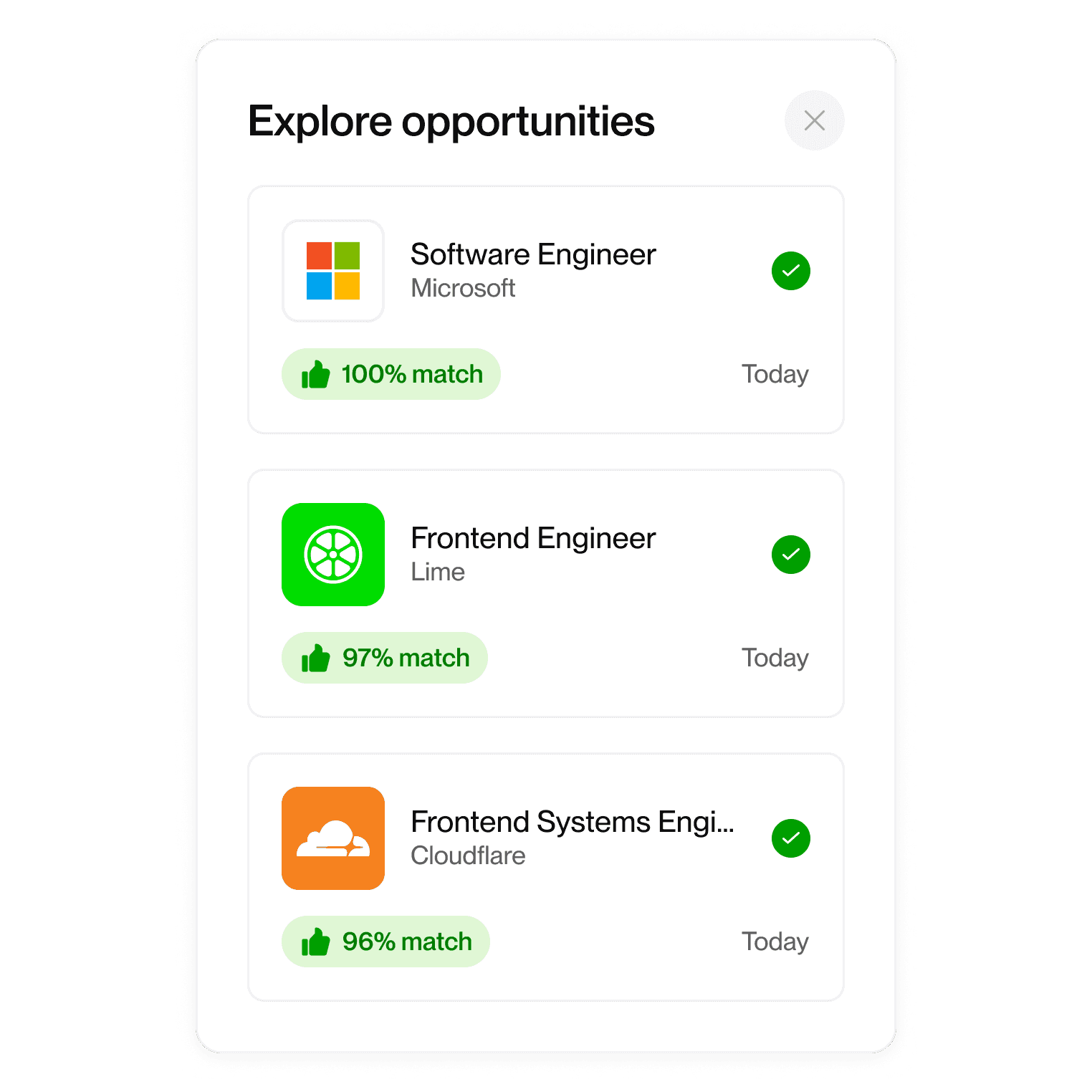 Job listings titled “Explore opportunities” showing roles for Software Engineer at Microsoft, Frontend Engineer at Lime, and Frontend Systems Engineer at Cloudflare with match scores above 95%.