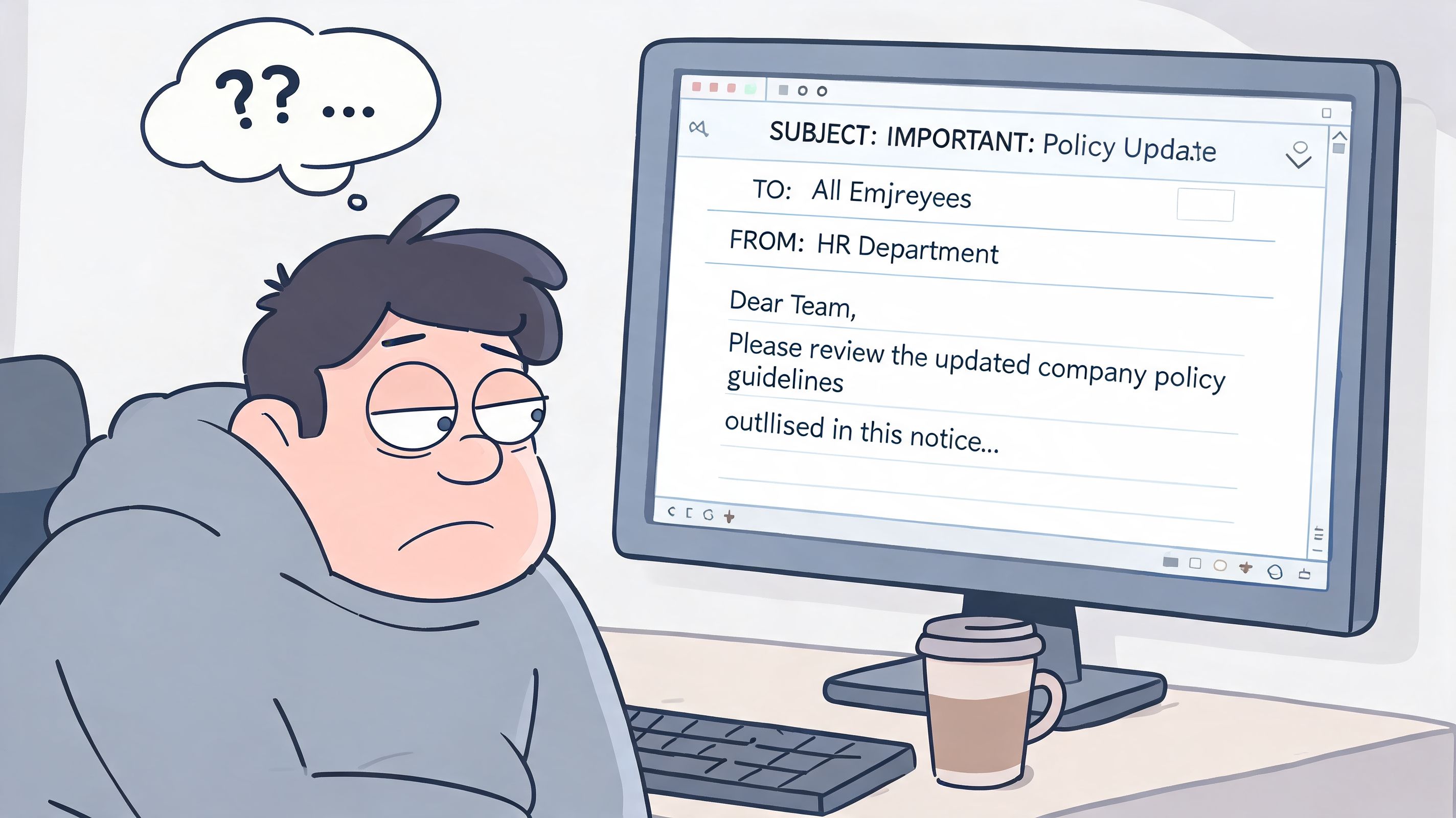 A confused employee reading an unprofessional email from the HR department about company policy updates.