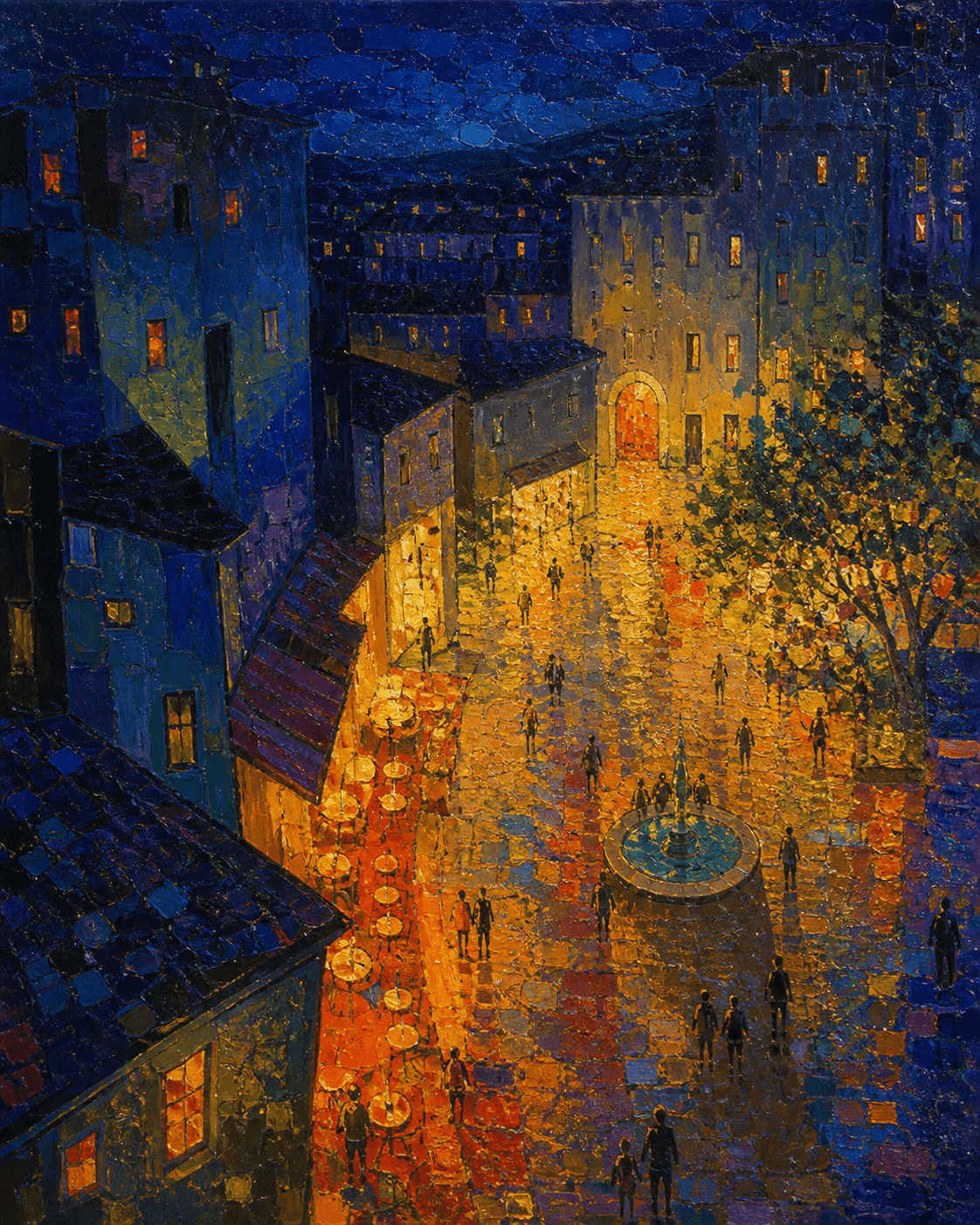 Nocturne in Cobalt, an original painting of an invented blue city square glowing at night