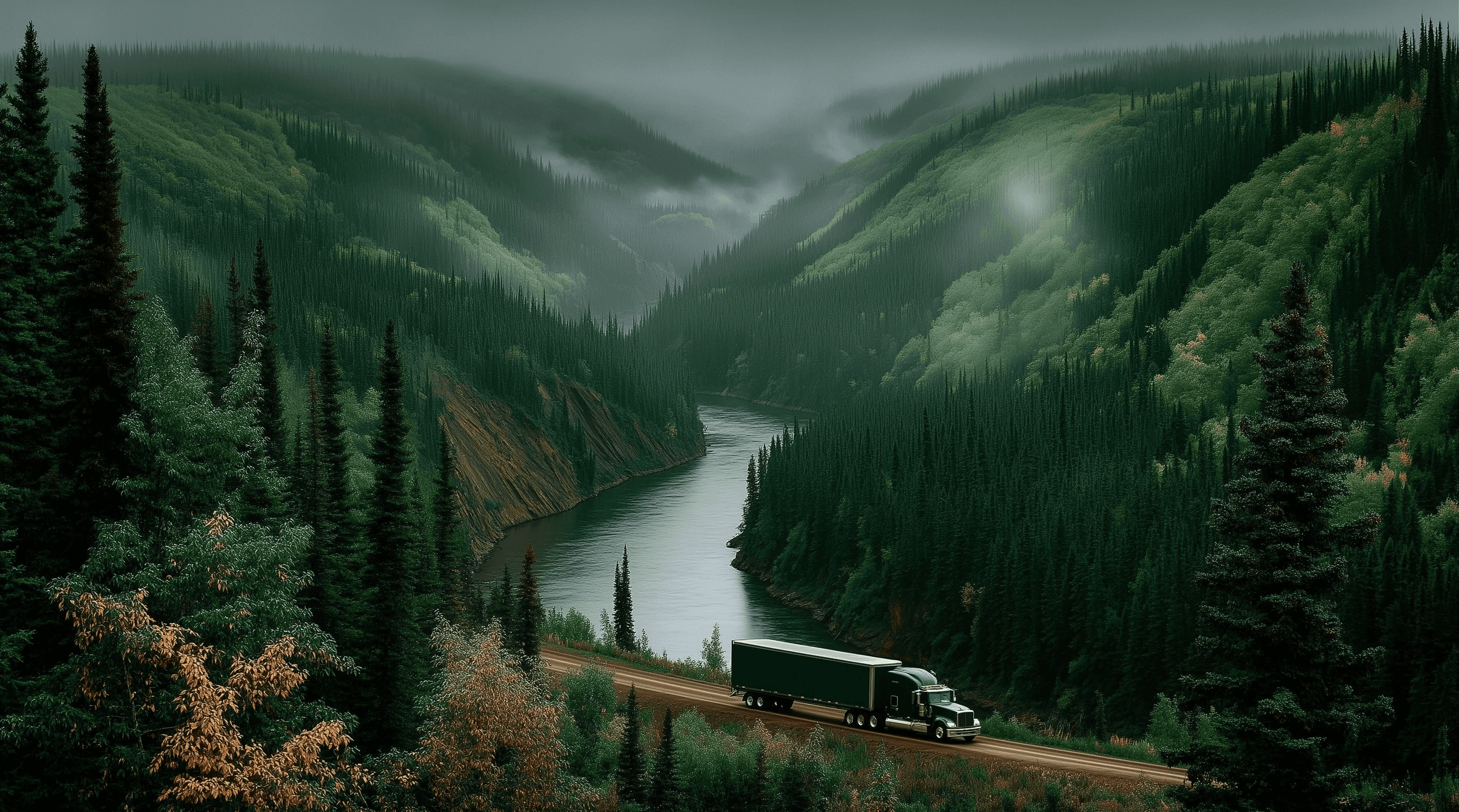 image of a truck driving through the road near the boreal forest