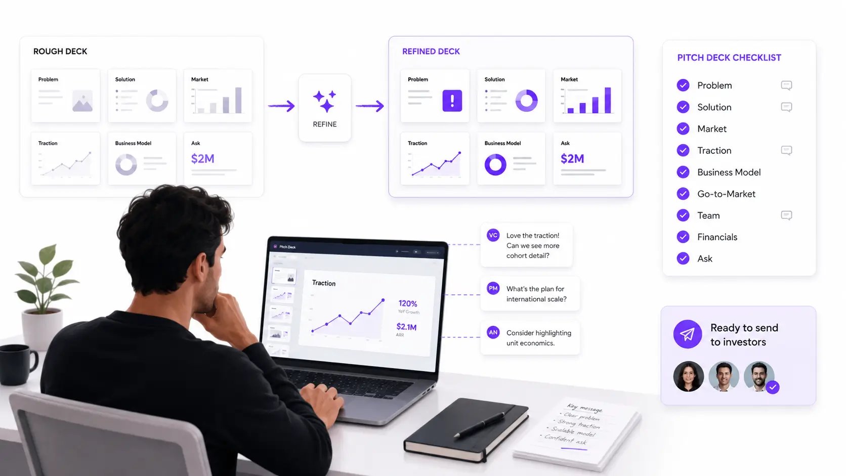 Founder reviewing pitch deck before fundraising
