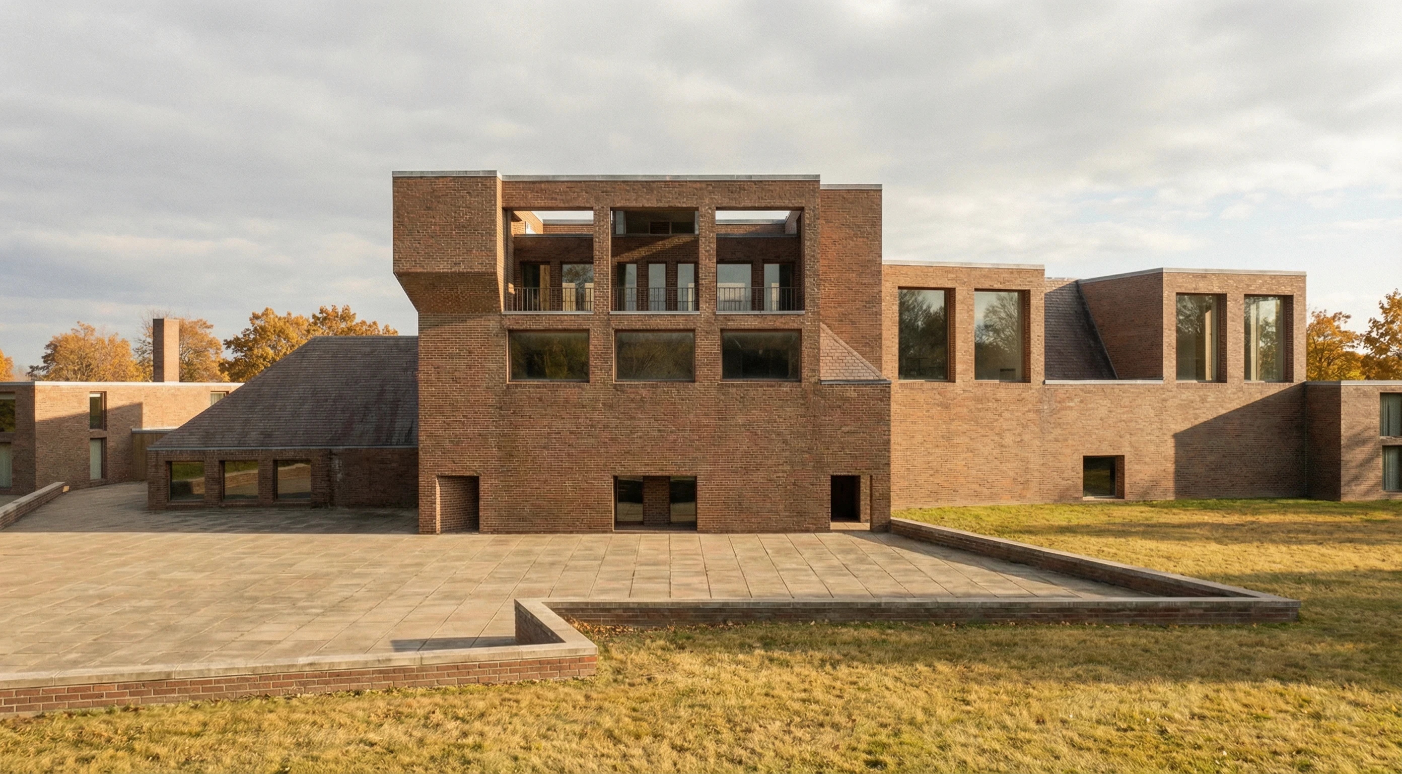 Building exterior with autumn trees and warm facade light — Dominican Motherhouse I visualization