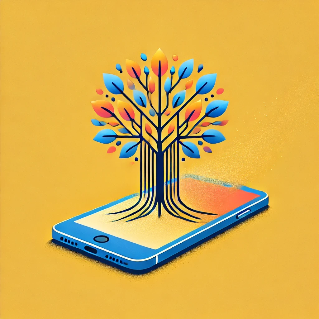 A minimalist illustration featuring a calm, serene digital detox concept: a phone fading into a tree symbolizing growth and connection. Set against a warm yellow background, the image conveys mental health, meaningful connections, and Confinity’s legacy-building focus.