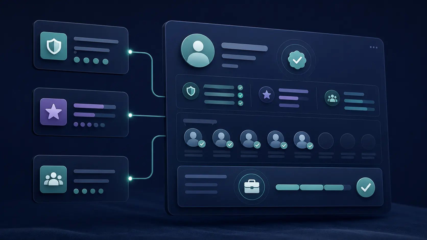 Three abstract client-signal cards connect to a larger SmartBid-style profile and fit panel.