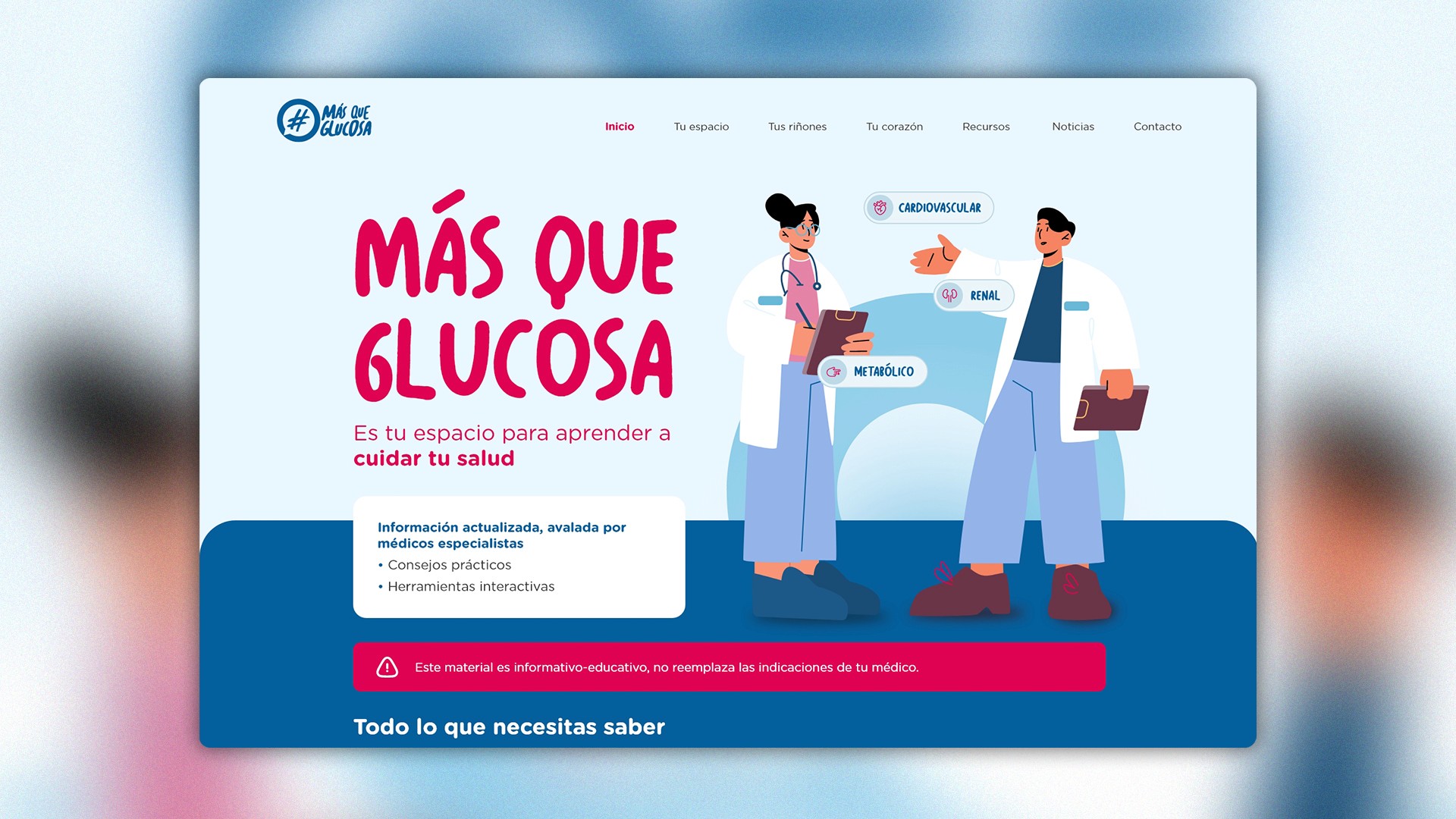 Homepage con ilustración de especialistas y el título "Más Que Glucosa", destacando la importancia de la salud integral.