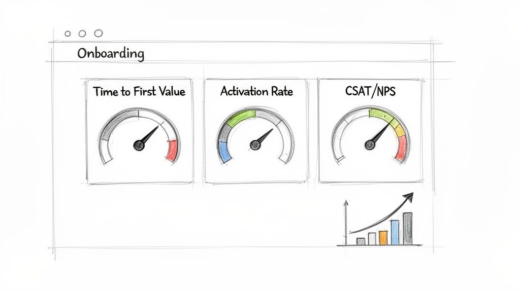 A hand-drawn sketch of an onboarding dashboard with gauges for Time to First Value, Activation Rate, and CSAT/NPS, plus a growth trend graph.