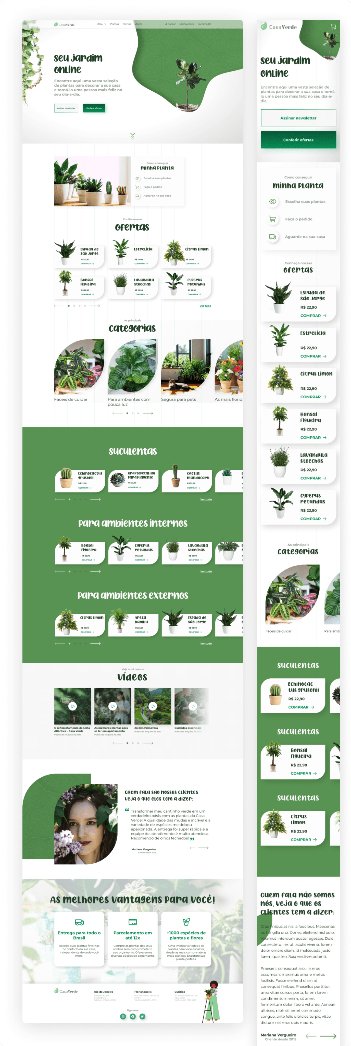 Página principal com categorias de plantas, depoimento de clientes, vantagens em comprar e diversos produtos